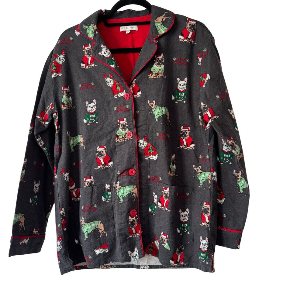 PJ Salvage French bull dog Christmas gray button down PJ Shirt
